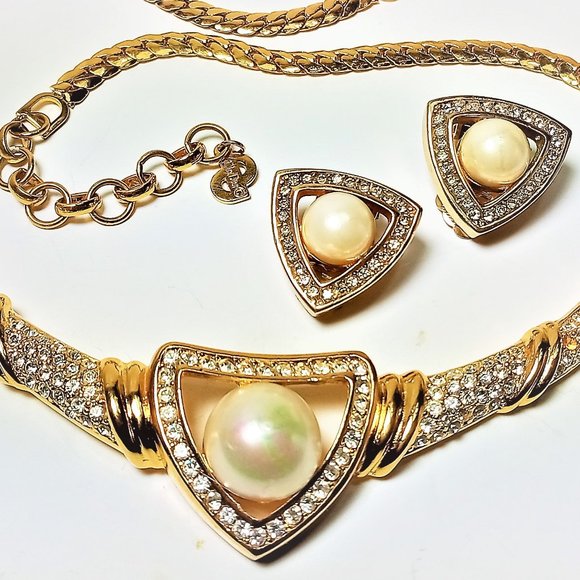 Vintage Dior Faux Pearl Pave Necklace and Earring - Picture 9 of 10